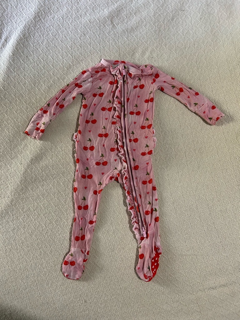 Posh Peanut Pink Cherry-Print Baby Footed One-Piece with Ruffle Zip